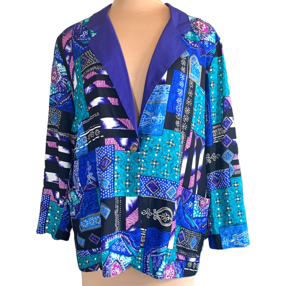 Vintage Petite Blazer Jacket Oversized Patchwork Floral Print Purple Navy Blue - Picture 2 of 10